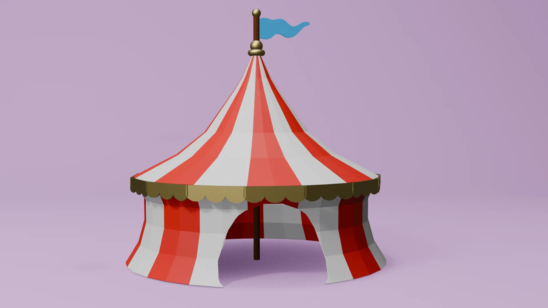 A red and white striped carnival tent with scalloped gold trim, a blue rooftop flag and an open archway