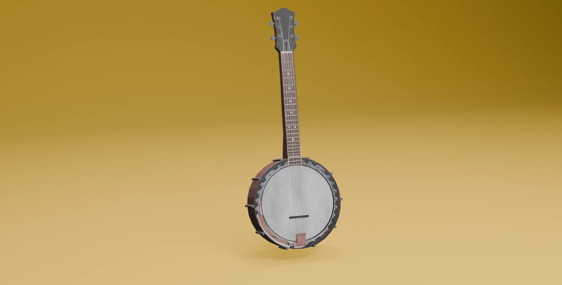 A banjo with a dark wood neck, fret markers and a round drum body with a light head