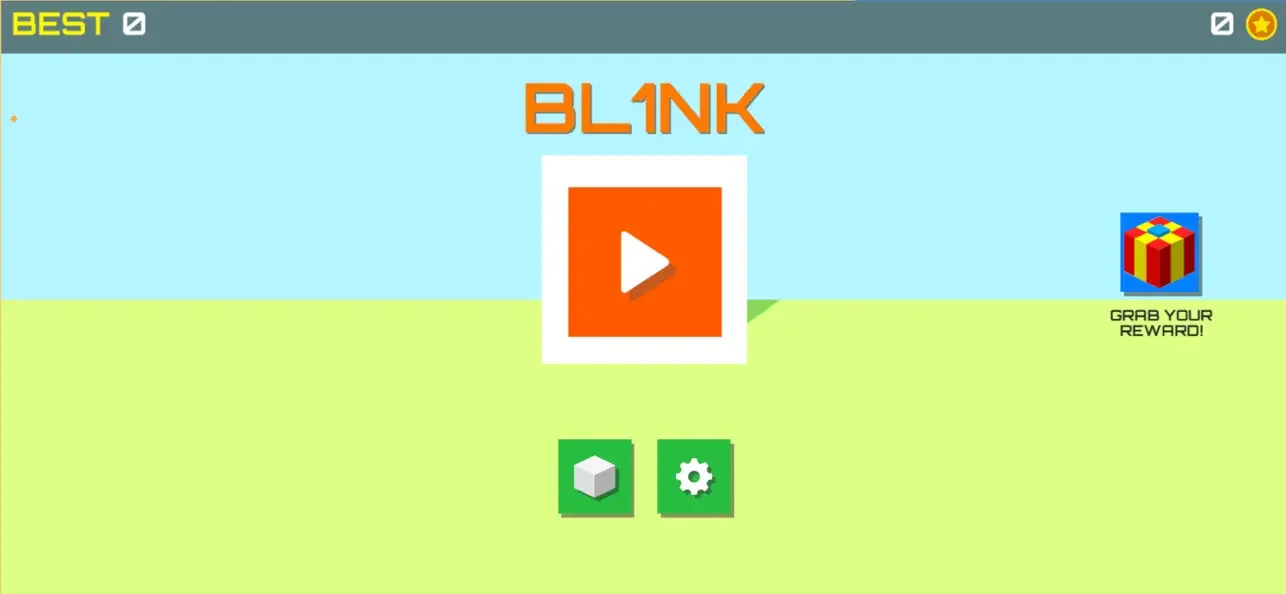 BL1NK title screen with a play button, a best score of 0, a rewards gift box and settings