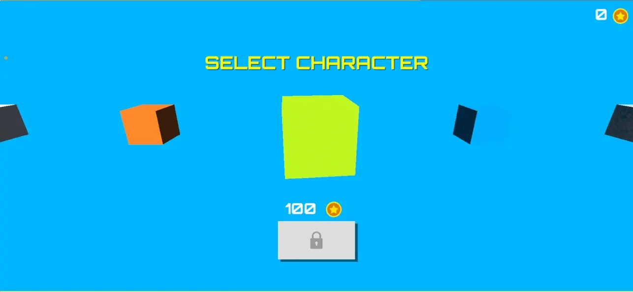 BL1NK character select showing colored cubes, one locked behind 100 coins