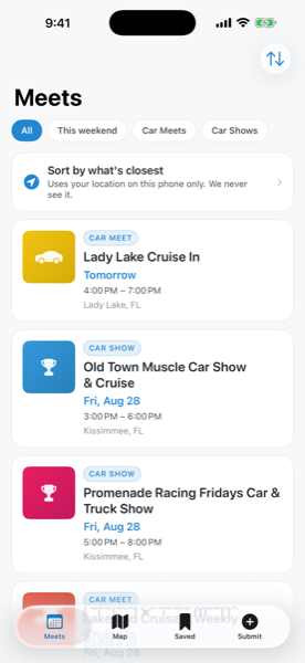The BR4KE meets list, showing upcoming car meets with dates and distances