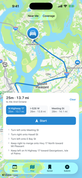 BR4KE showing a driving route on the map with the turn list underneath