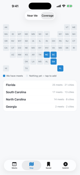 The BR4KE coverage map showing which states have tracked meets