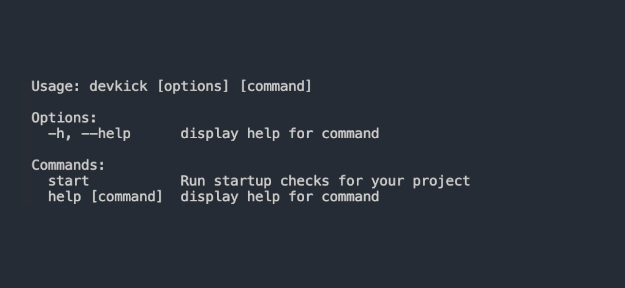 Terminal help output for devkick showing usage and the start and help commands