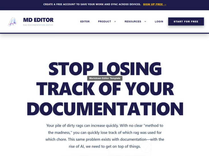 MD Editor - RAG Documentation Editor hero and sign up