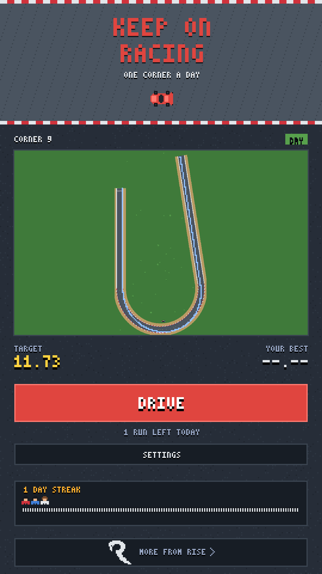 Keep On Racing title screen showing the corner of the day