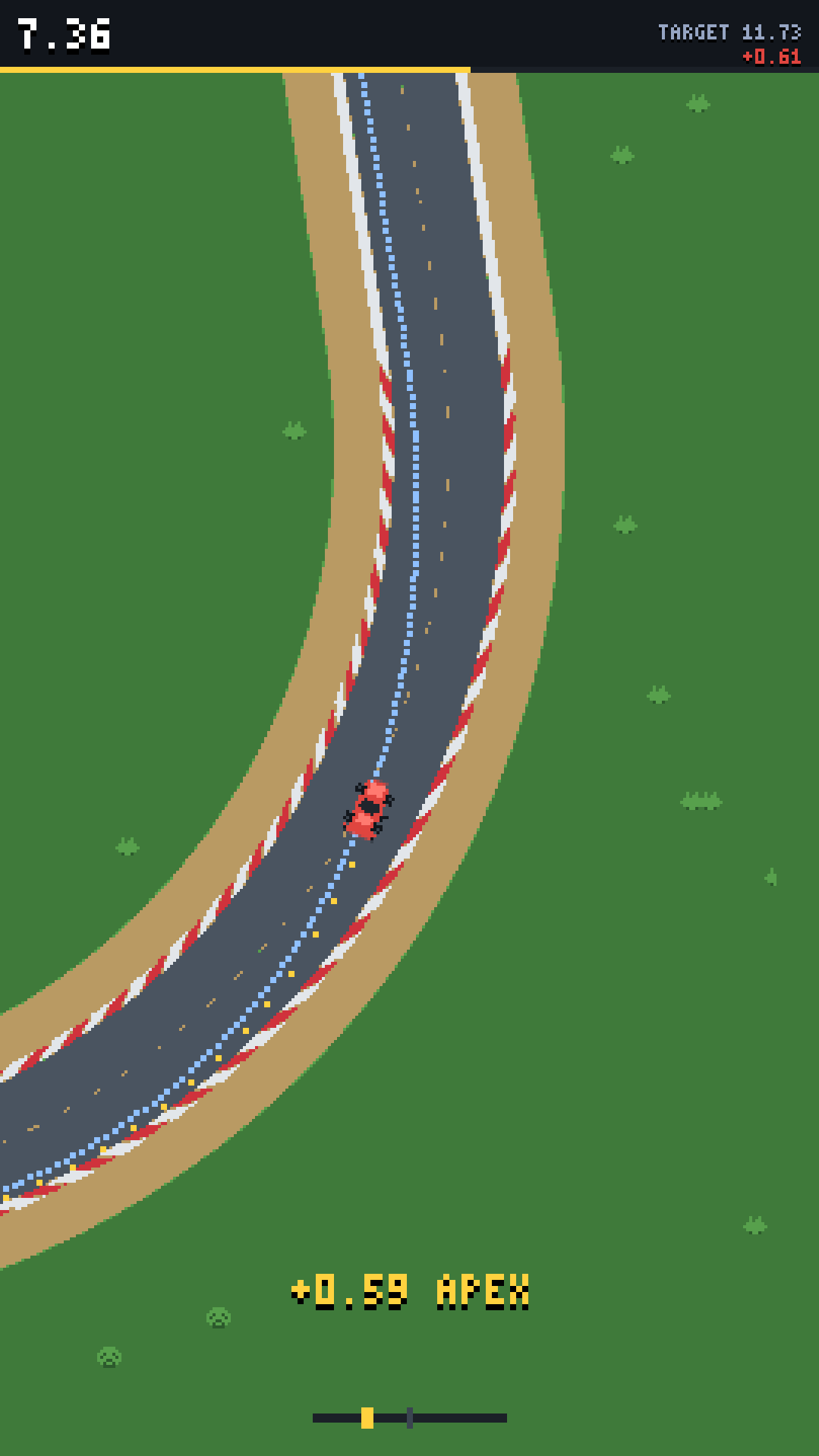 Keep On Racing mid corner, the target line ahead of the car and the driven line behind it