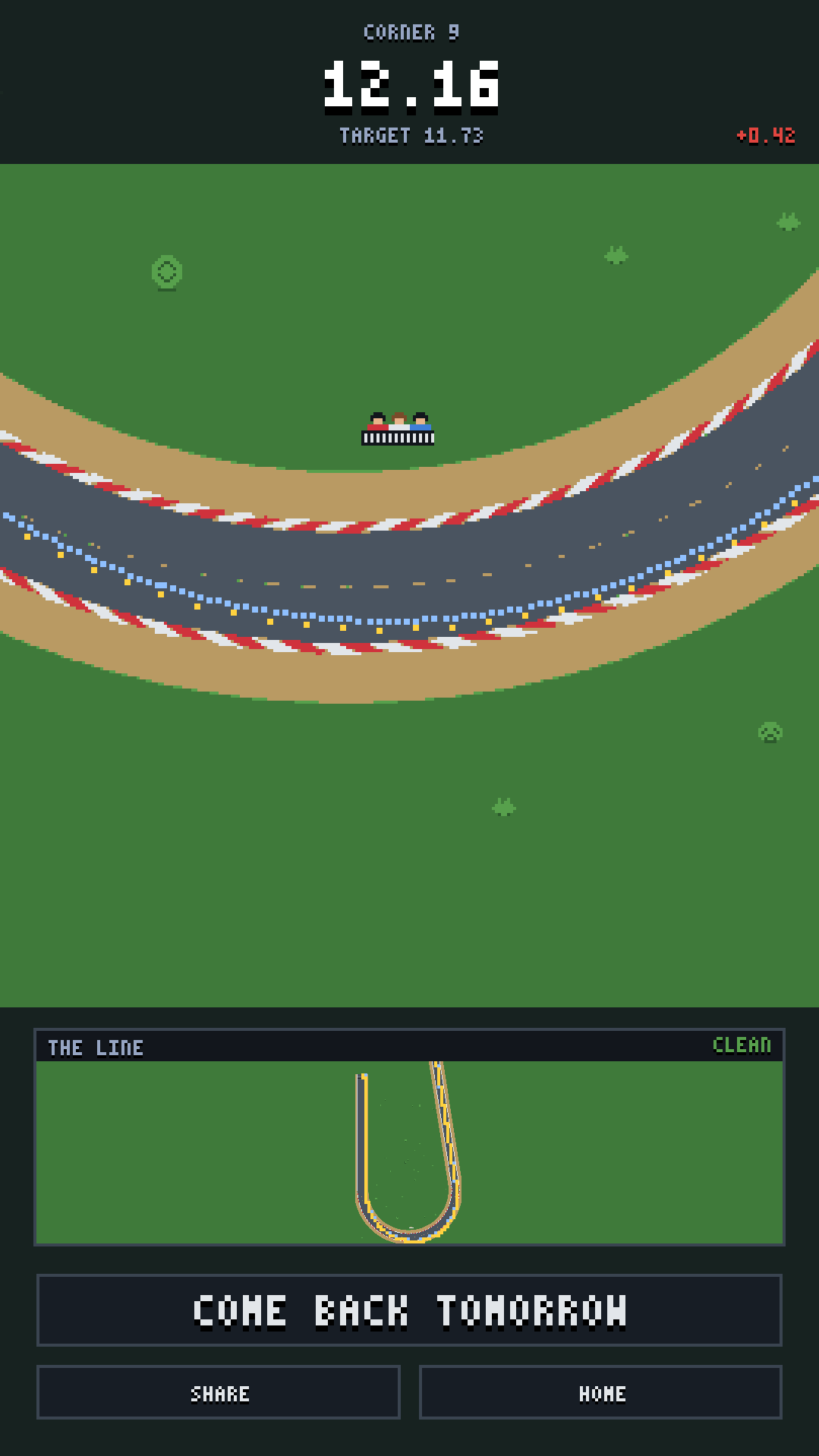 Keep On Racing result screen comparing the two lines through the corner with both times