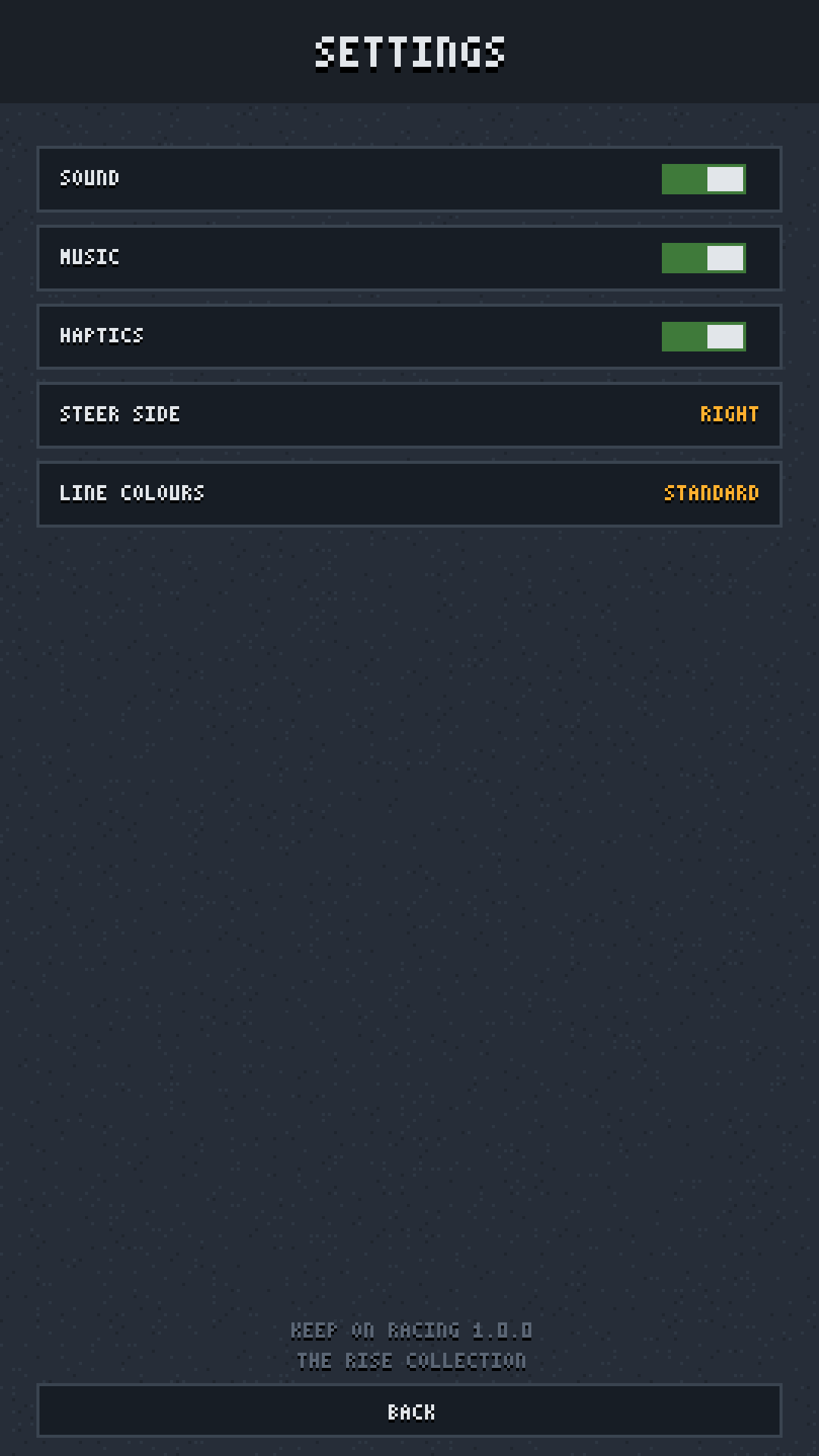 Keep On Racing settings screen