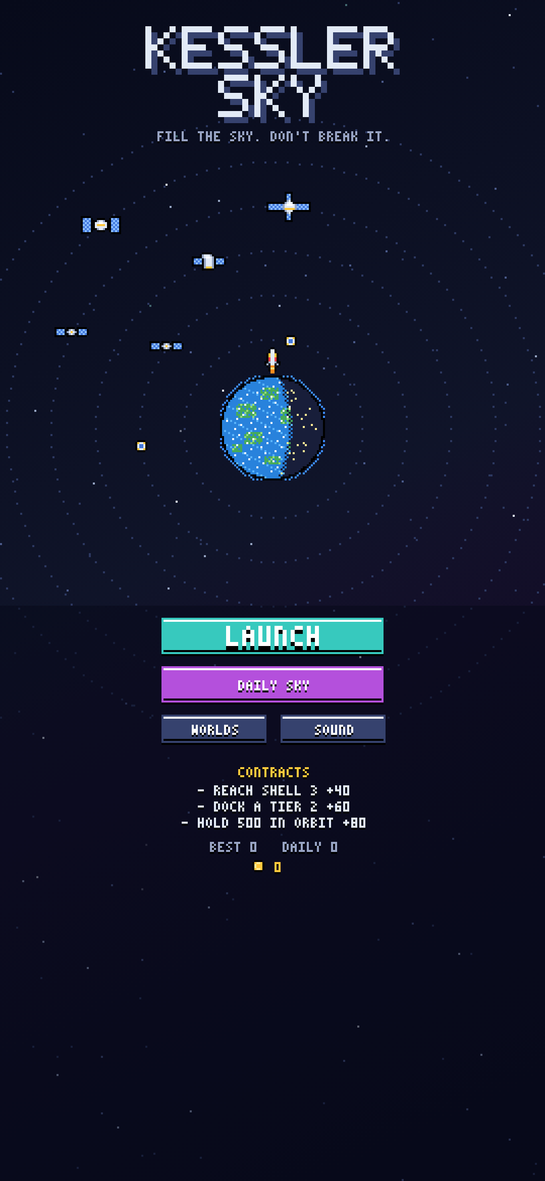Kessler Sky title screen, Earth with orbit rings drawn around it