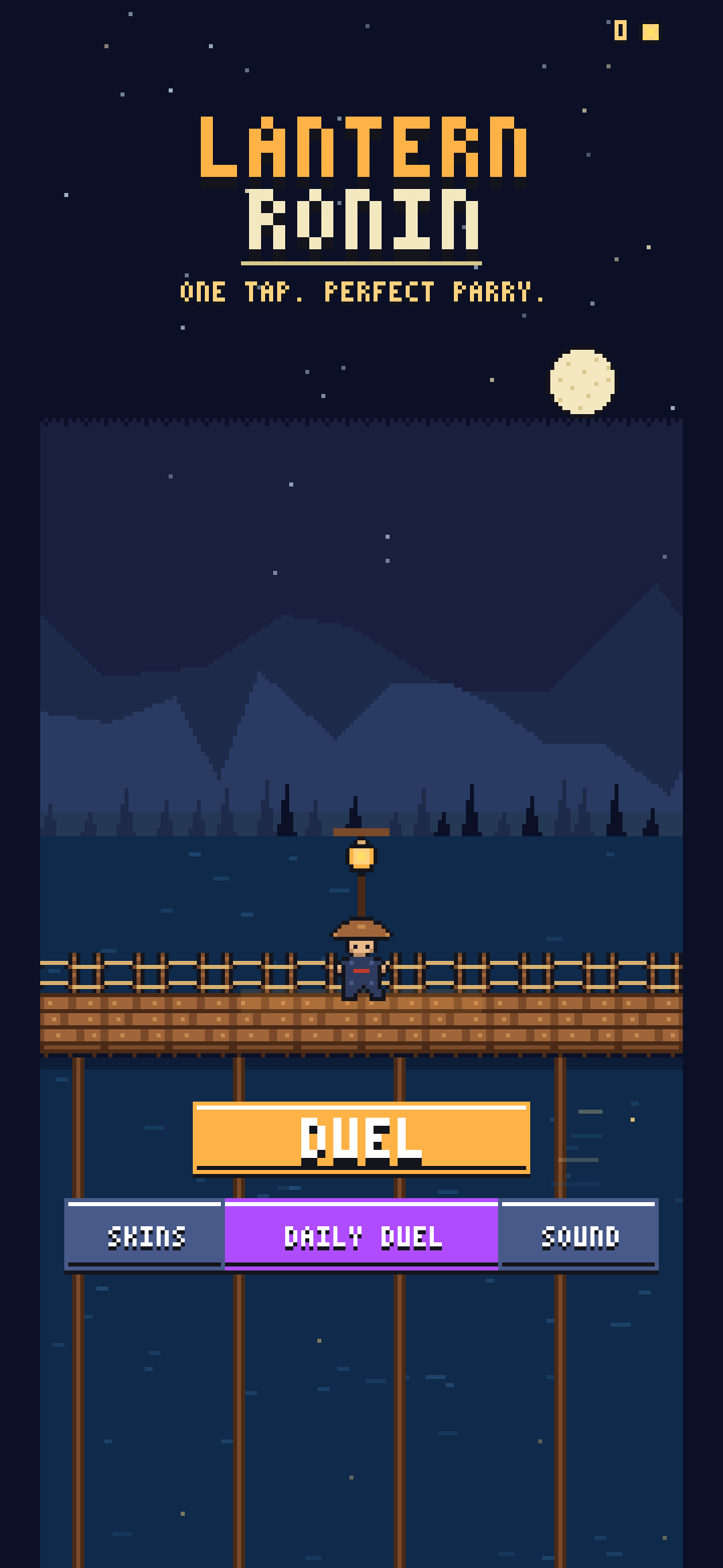 Lantern Ronin title screen, a ronin standing on a bridge under a full moon