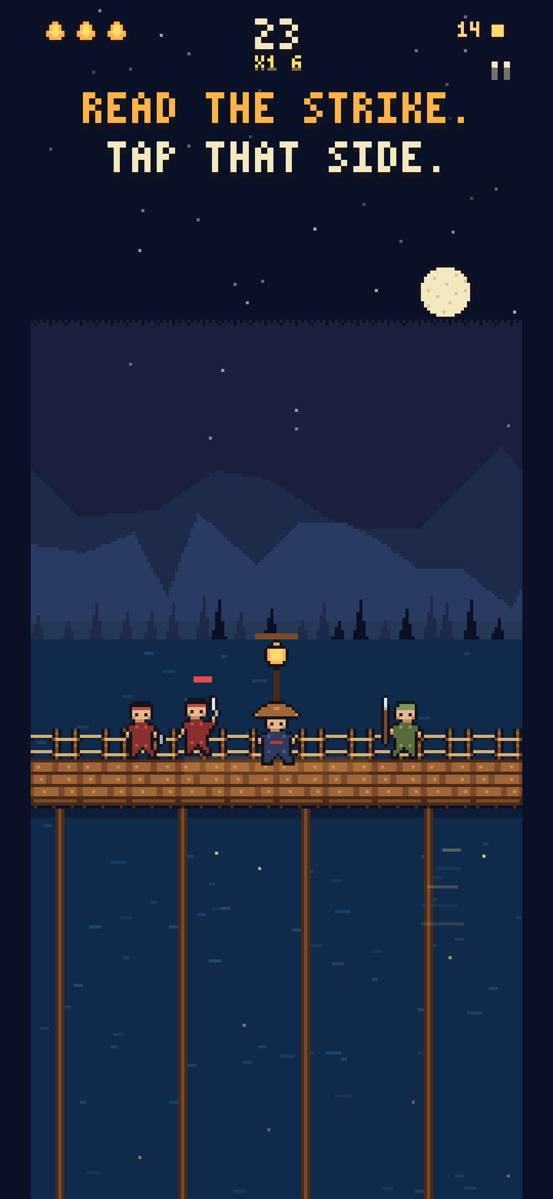 Lantern Ronin combat, enemies approaching the ronin from both sides of the bridge
