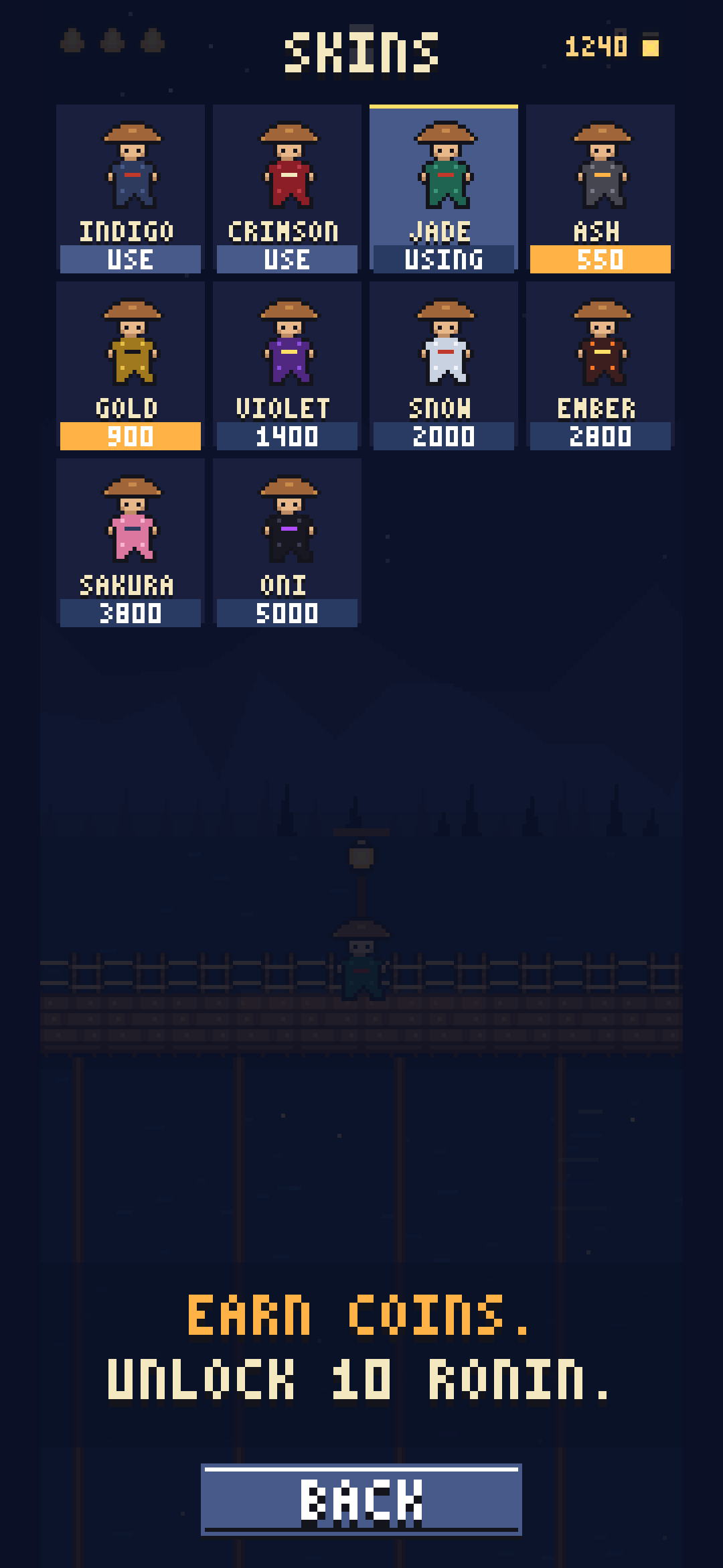 Lantern Ronin skin select screen showing several hand-drawn ronin
