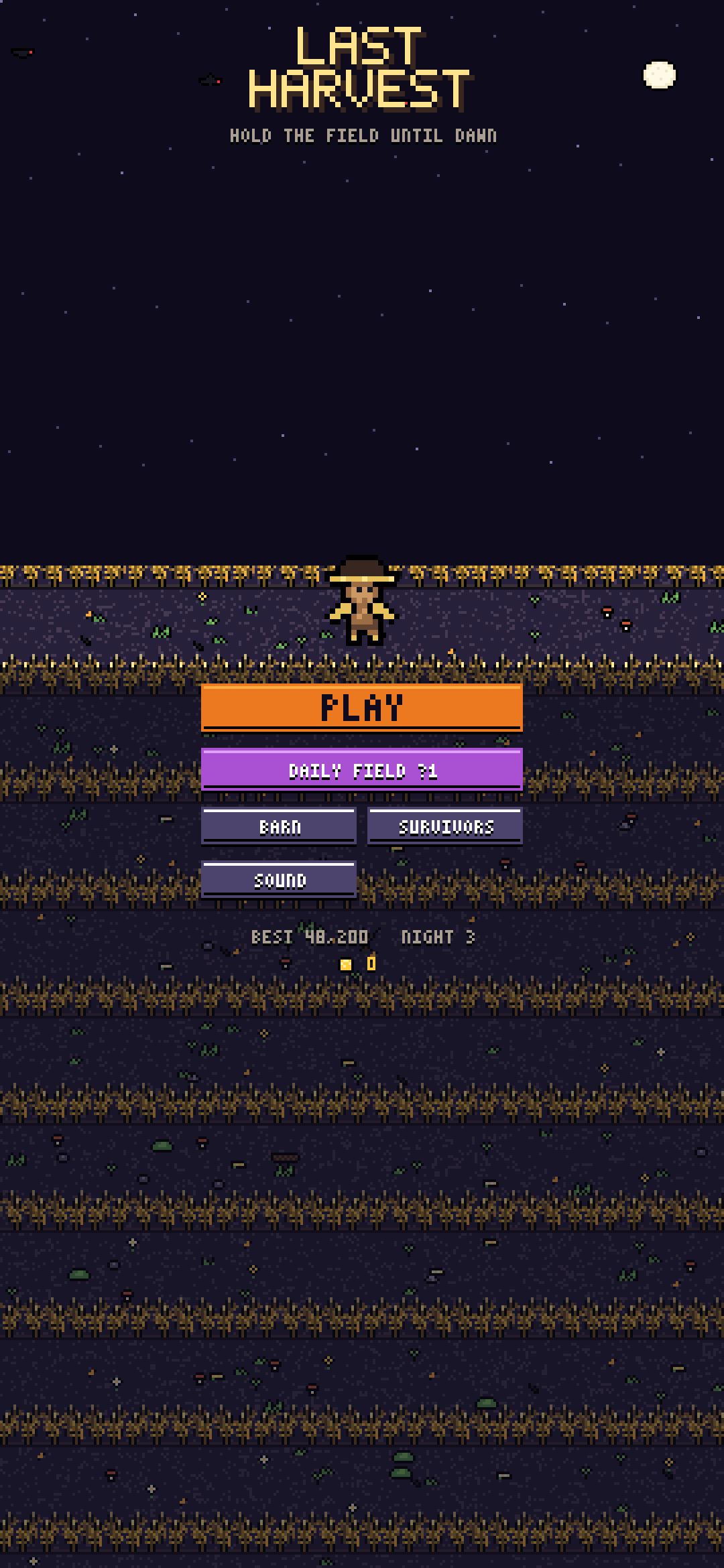 Last Harvest title screen, a scarecrow standing in a moonlit field