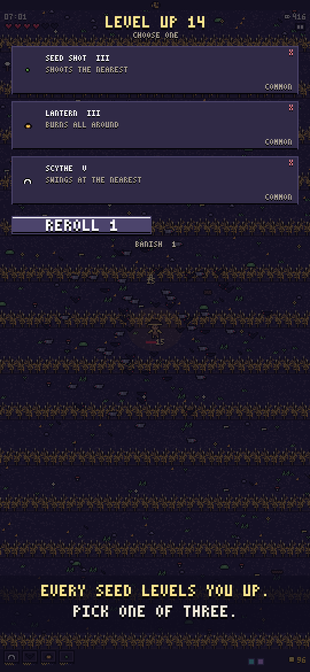 Last Harvest level up screen offering a choice of three upgrade cards