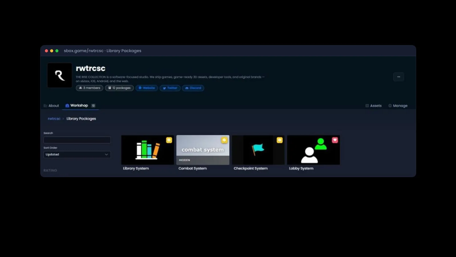 The rwtrcsc workshop page on sbox.game showing four library packages