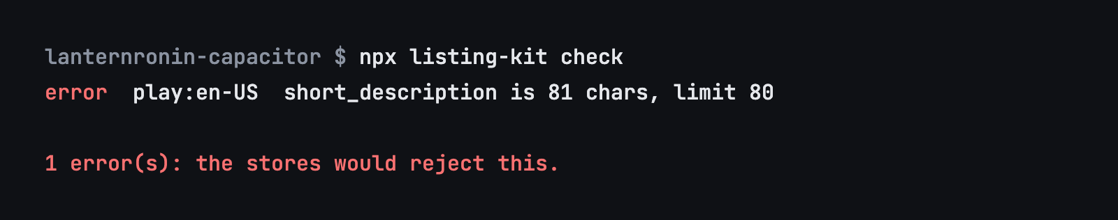 listing-kit check stopping a Google Play short description at 81 characters, one over the limit
