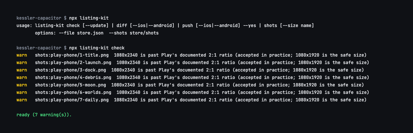 listing-kit usage, then check on the Kessler Sky store.json passing with seven screenshot warnings