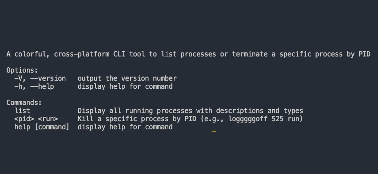 processLogger CLI tool screenshot showing categorized running processes