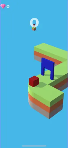 A red cube on an isometric path approaching a blue gate