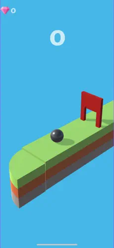 A dark sphere rolling along a narrow path toward a red gate
