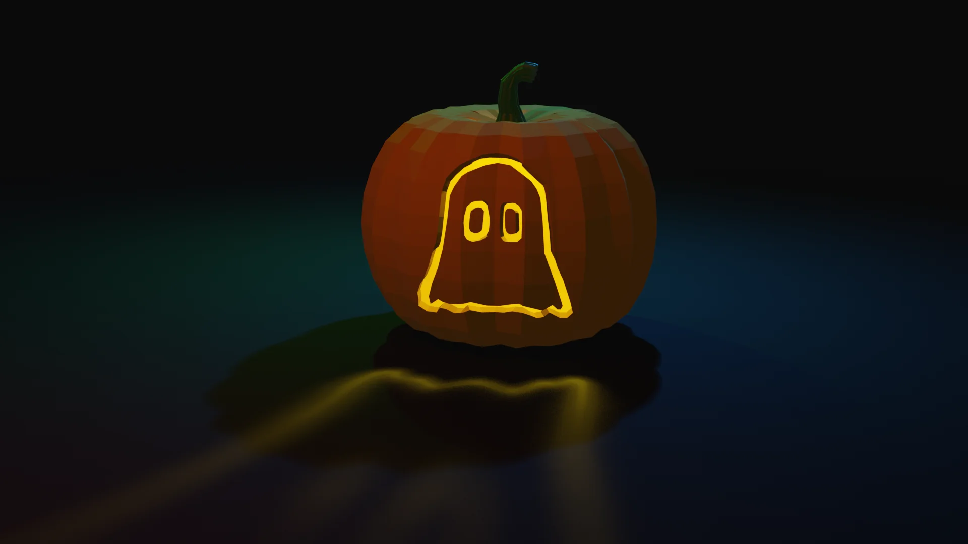 A low poly carved pumpkin with a ghost shaped cutout glowing from inside, in a dark scene