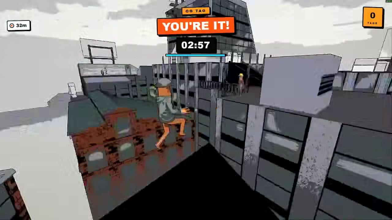 Tag The Dude, the YOU ARE IT banner and a three minute clock over a rooftop