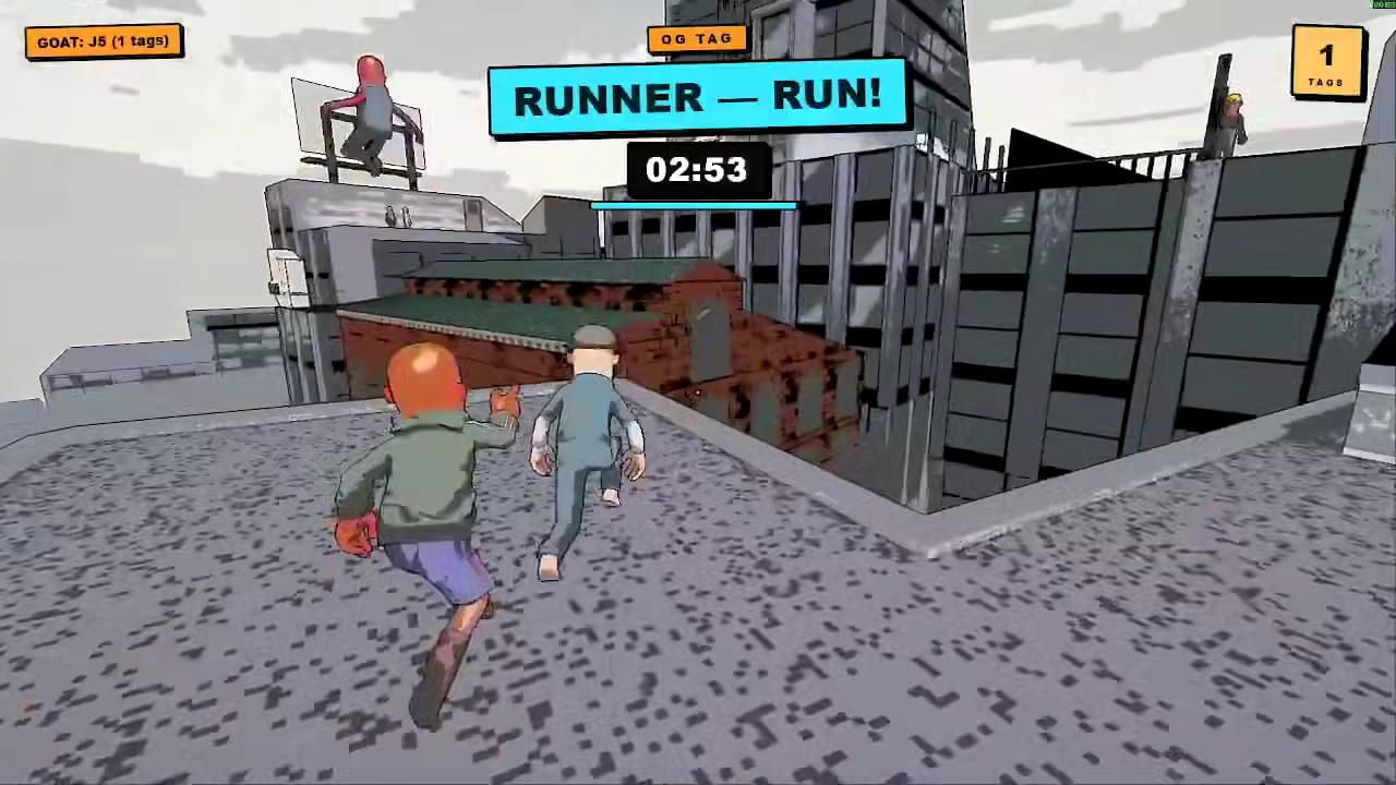 Tag The Dude, two players running across a rooftop, one chasing the other