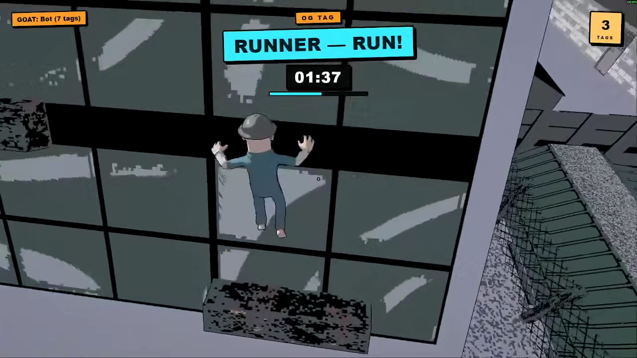 Tag The Dude, a player climbing across the sloped glass roof of a tower