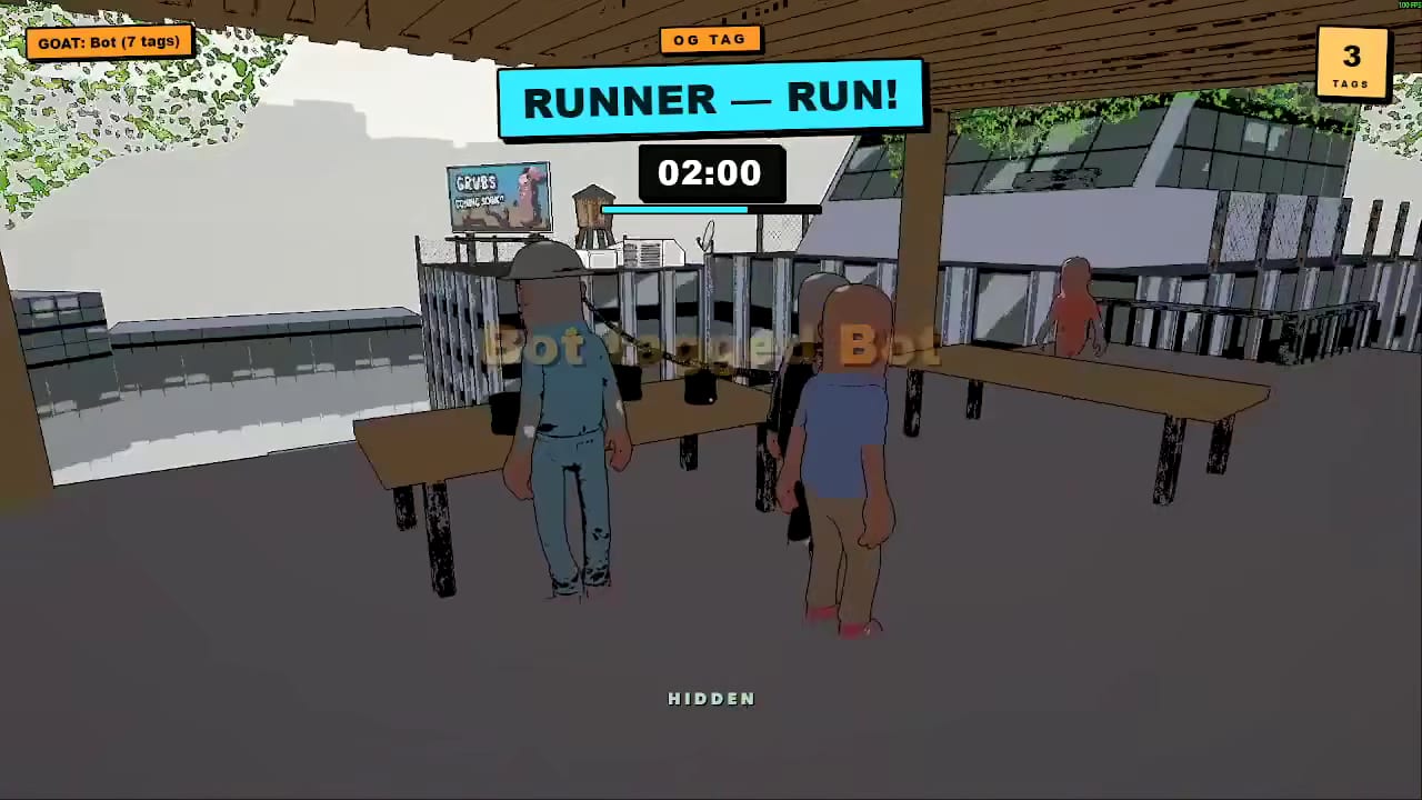 Tag The Dude, several players and bots under a covered rooftop structure