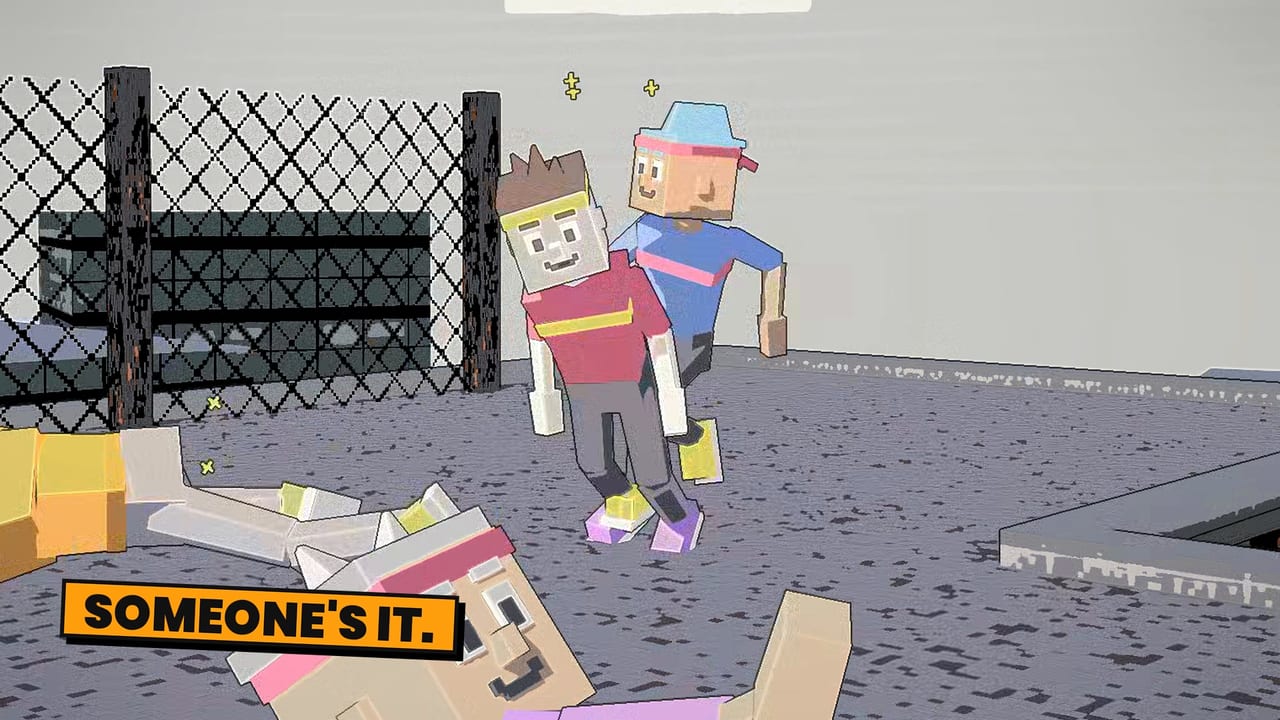 Tag The Dude, two players collide on a rooftop by a chain link fence as SOMEONE'S IT. comes up