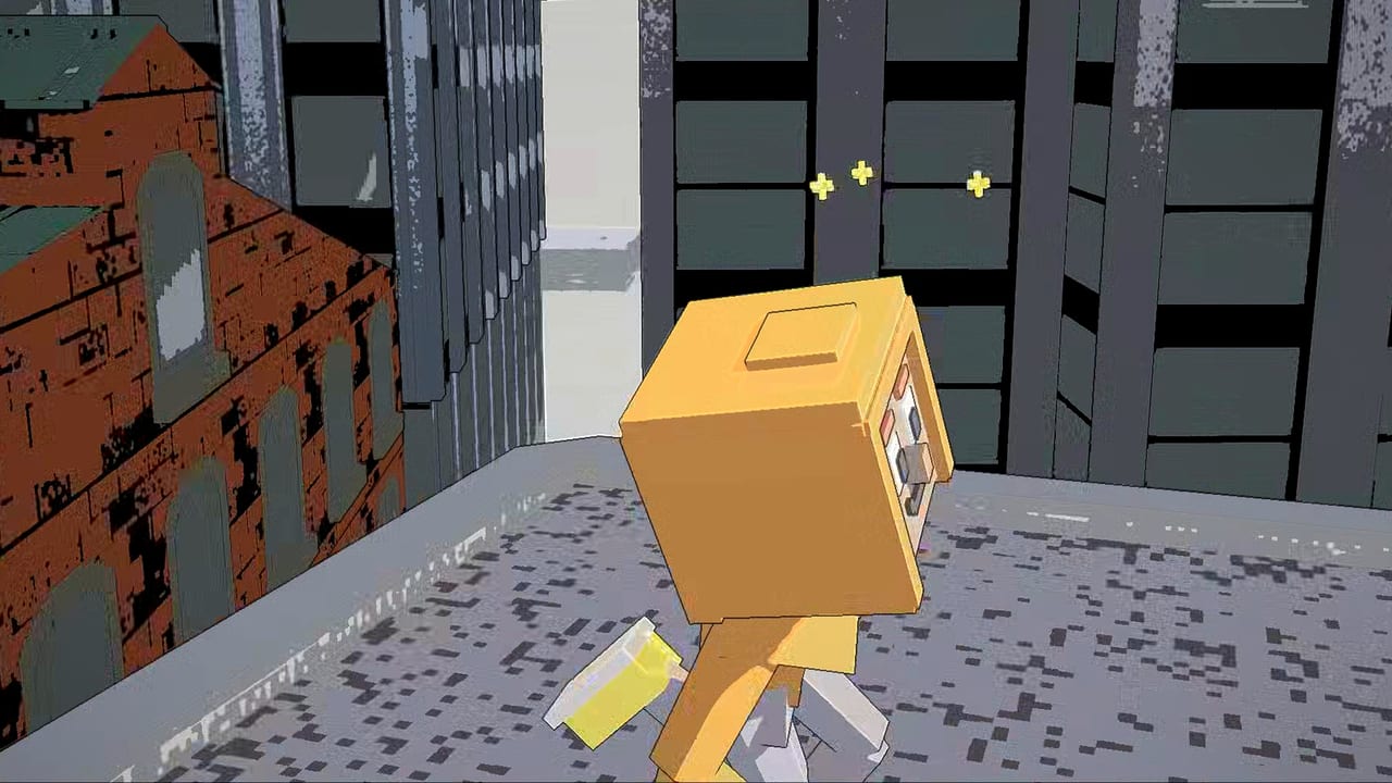 Tag The Dude, the player who is It, hood up in the orange hoodie, on a rooftop ledge between brick and glass towers