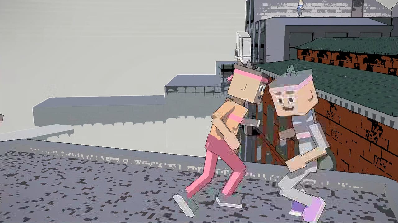 Tag The Dude, two players sprint side by side across a rooftop toward a brick building