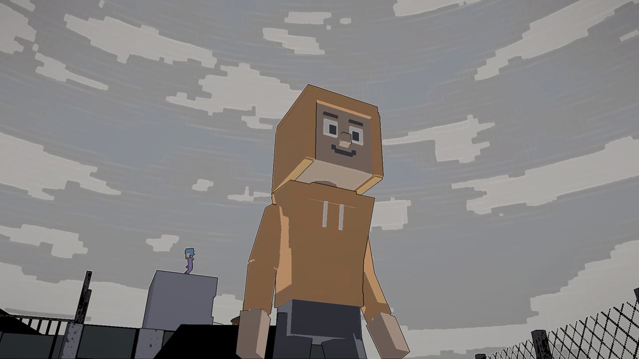 Tag The Dude, a player with the hood up looks back from a rooftop under a cloudy sky, another player on a ledge behind