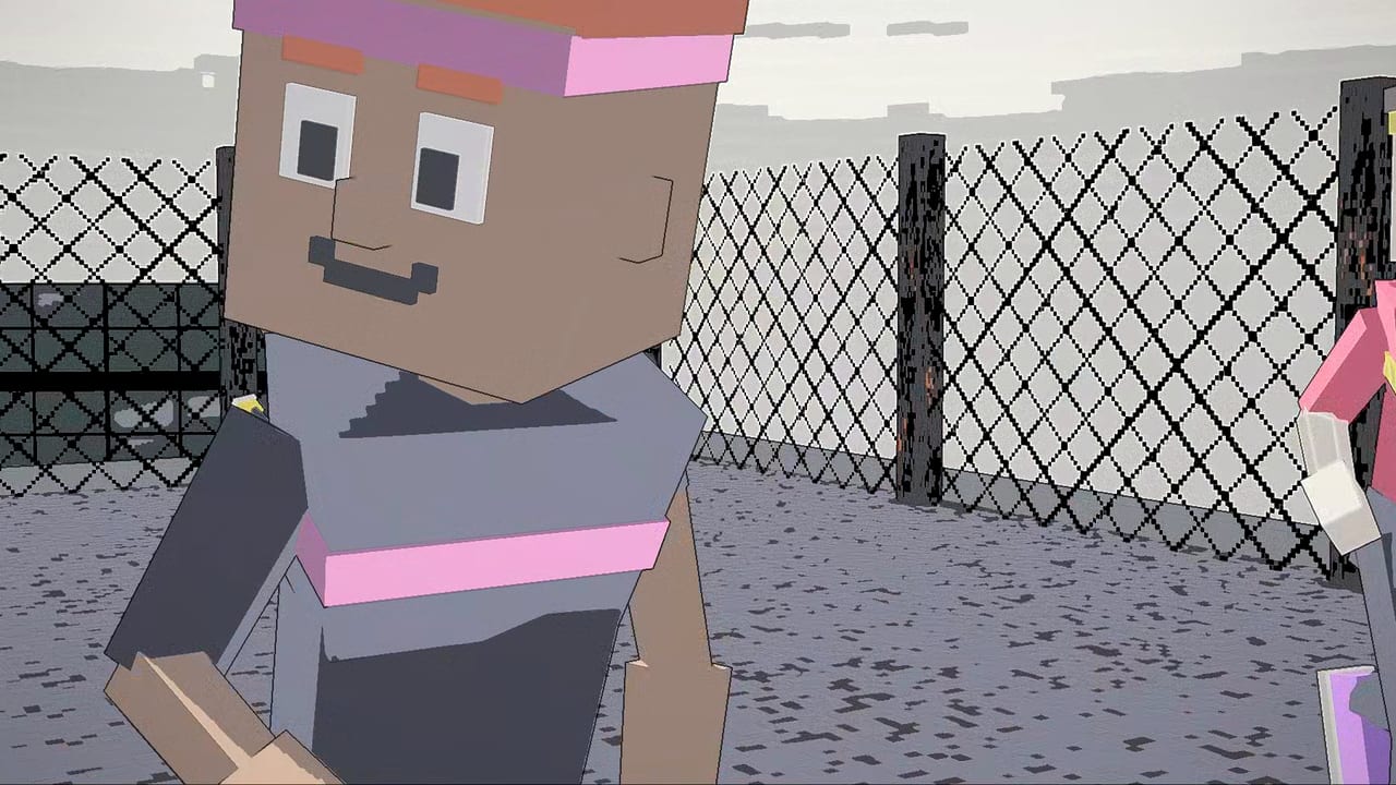 Tag The Dude, a close up of a smiling player in a pink headband beside a chain link fence