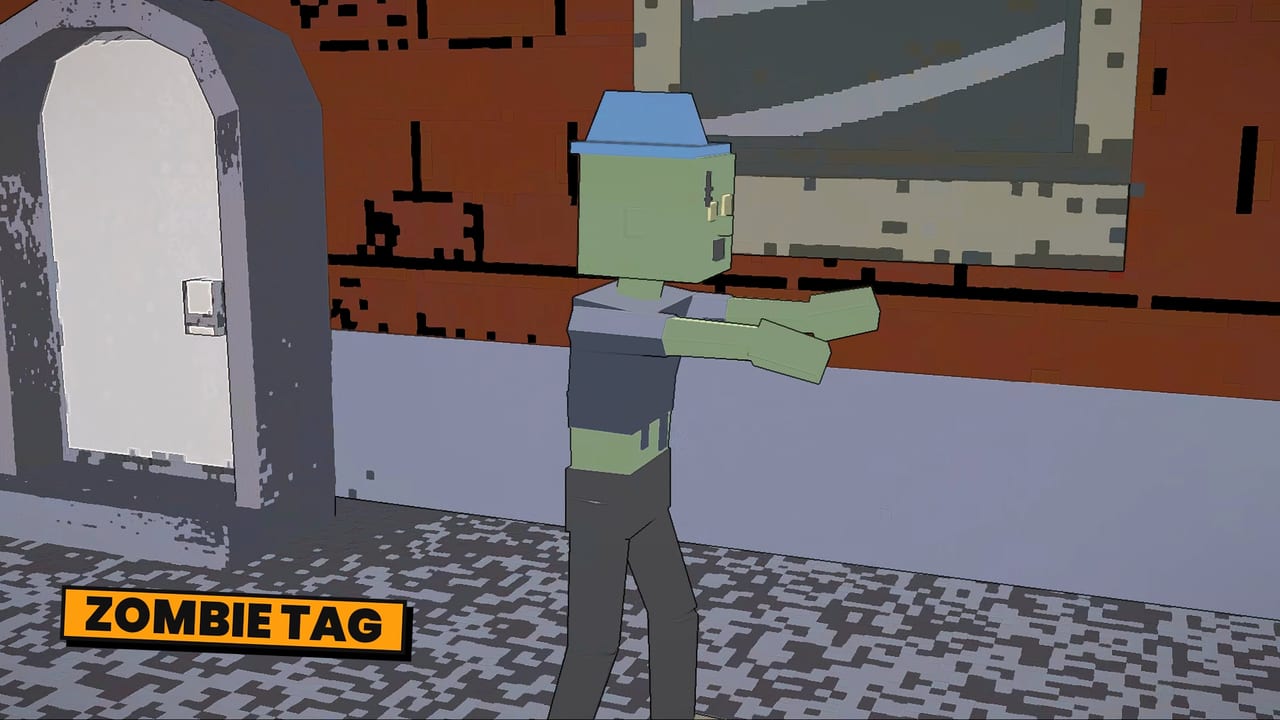 Tag The Dude, a green zombie with its arms out in front of a brick wall, with ZOMBIE TAG on screen