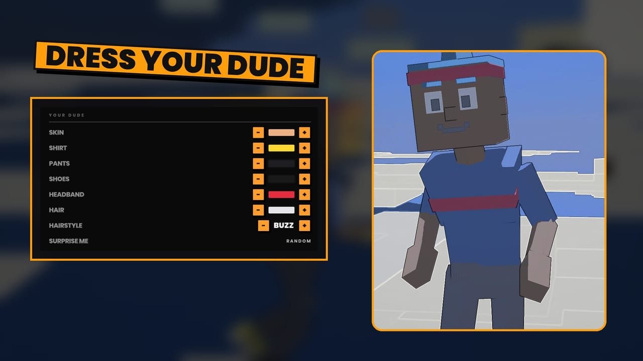 Tag The Dude, the DRESS YOUR DUDE screen, with skin, shirt, pants, shoes, headband, hair and hairstyle beside a preview