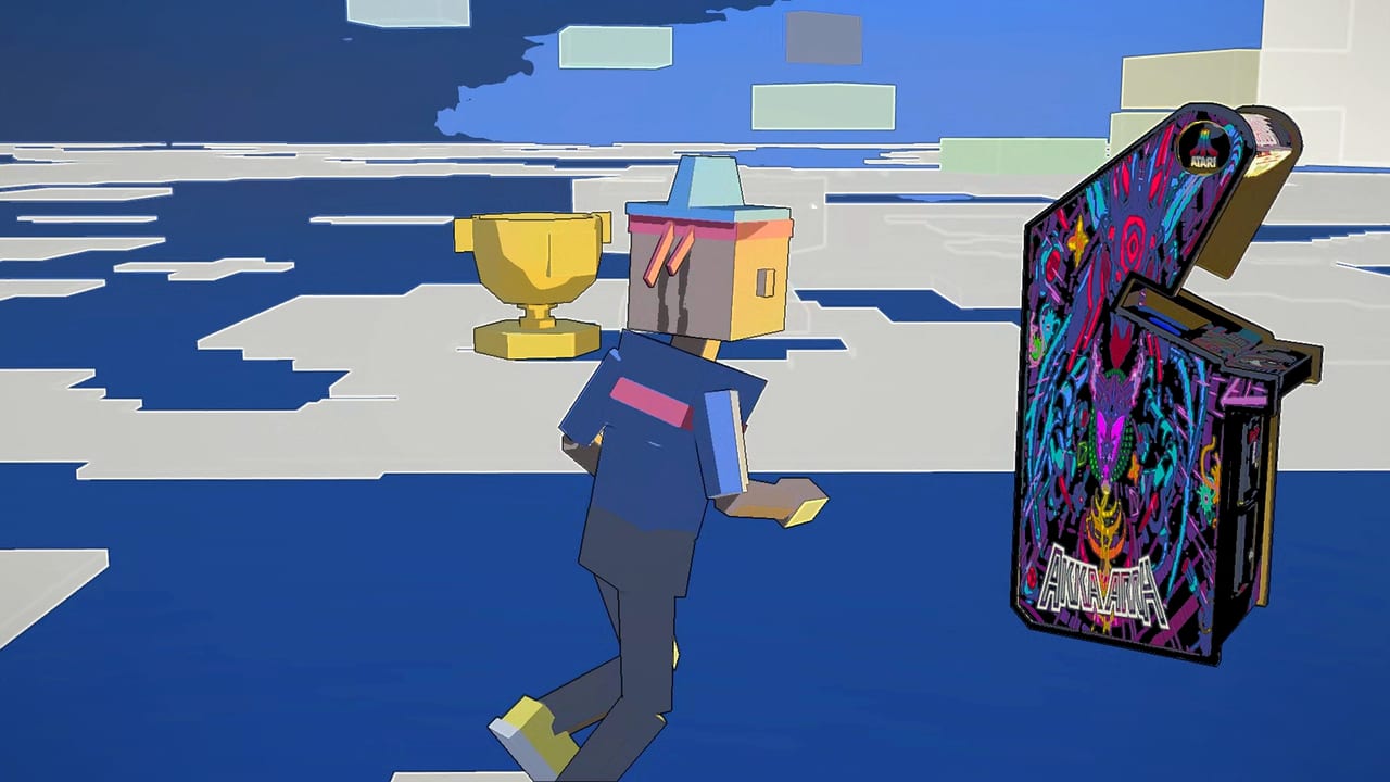 Tag The Dude, a player runs through the lobby in the sky past a gold trophy and an arcade cabinet
