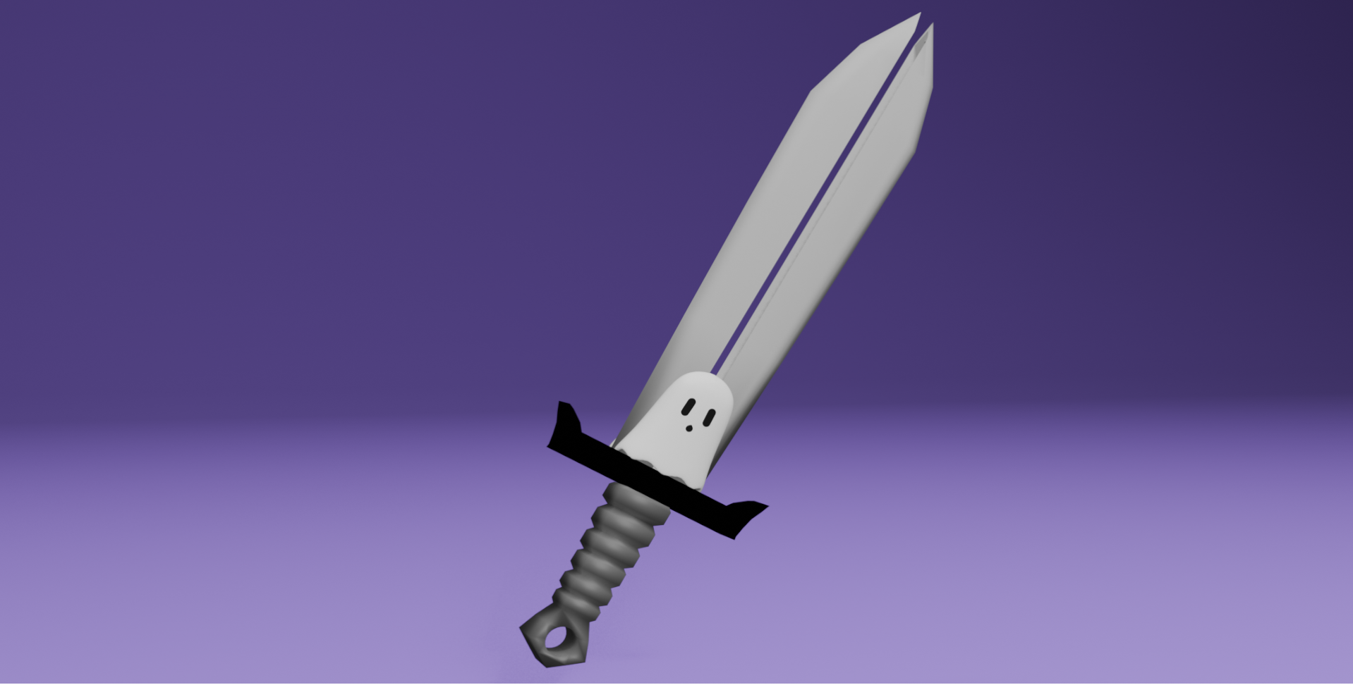 A low poly sword with a ghost face on the blade, rendered against a purple gradient